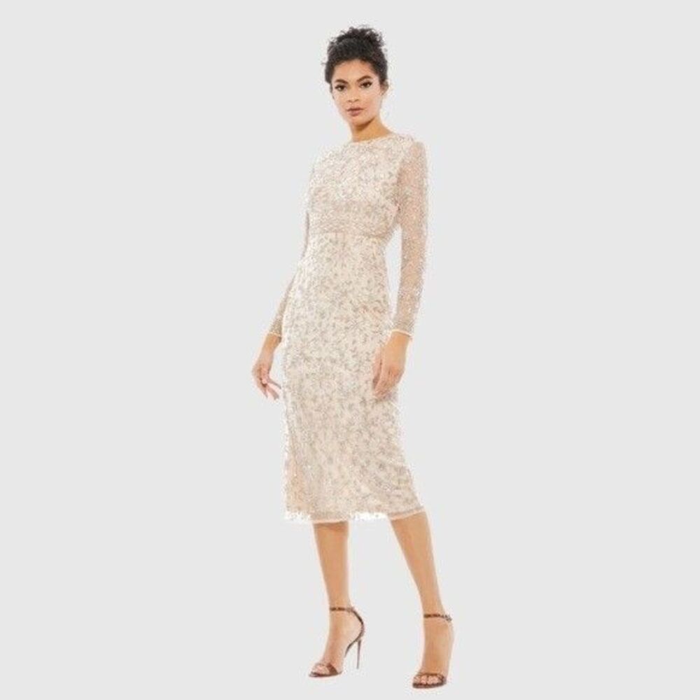Mac Duggal 10812 Beaded Tea Length Sheer Sleeve Size 8 Porcelain NEW